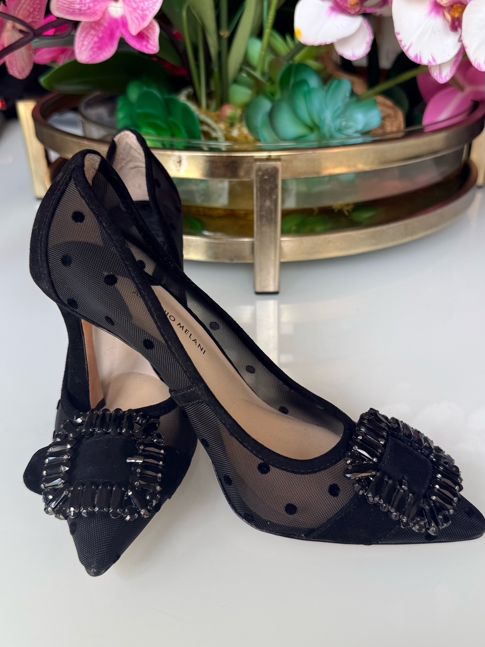 ANTONIO MELANI Black Polka Dot Mesh Pointed Toe Pumps with Crystal Buckle
